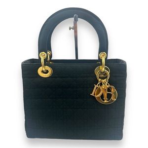 Christian Dior Lady Dior Cannage Hand Bag Logo Tote Nylon Black